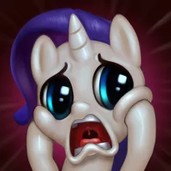 Size: 800x800 | Tagged: artist:doll88, derpibooru import, filly rarity, hooves on face, rarity, safe, scared, scene interpretation, shiny, solo, uvula