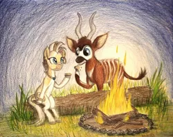 Size: 1326x1046 | Tagged: animal in mlp form, antelope, artist:thefriendlyelephant, bongo antelope, bongos, bracelet, campfire, cloven hooves, commission, derpibooru import, fire, horns, jewelry, log, necklace, nom, oc, oc:bakari, oc:nia the quagga, quagga, rock, safe, s'mores, smores, stripes, unofficial characters only