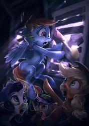 Size: 1020x1440 | Tagged: safe, artist:assasinmonkey, derpibooru import, applejack, rainbow dash, rarity, scootaloo, earth pony, pegasus, pony, unicorn, zombie, 28 pranks later, cookie zombie, crepuscular rays, crying, female, filly, filly guides, infected, mare, open mouth, scene interpretation