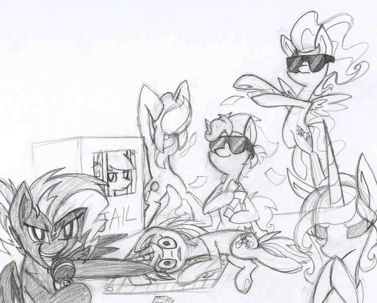 Size: 1023x822 | Tagged: artist:agentkirin, box, cardboard prison, derpibooru import, draw the squad, microphone, monochrome, monopoly, oc, oc:azure glory, oc:buttercup, oc:clever comet, oc:feather fluff, oc:galaxy star, oc:sky song, oc:stitches, paper, power ponies oc, safe, traditional art, unofficial characters only