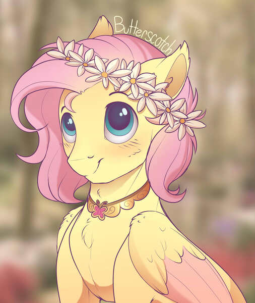 Size: 1685x2000 | Tagged: safe, artist:evehly, derpibooru import, fluttershy, pegasus, pony, adorascotch, butterscotch, cute, element of kindness, floral head wreath, male, rule 63, rule63betes, shyabetes, solo, stallion