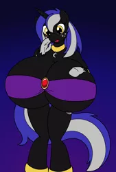 Size: 630x930 | Tagged: suggestive, artist:allrights, derpibooru import, oc, oc:moondust, unofficial characters only, anthro, unguligrade anthro, unicorn, anthro oc, big breasts, bikini, blushing, breast expansion, breasts, charm, clothes, collar, female, giant anthro, giant pony, giant unicorn, growth, huge breasts, image, impossibly large breasts, macro, png, shocked, solo, solo female, swimsuit, yellow eyes