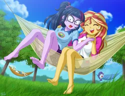 Size: 1153x884 | Tagged: safe, artist:uotapo, derpibooru import, applejack, rarity, sci-twi, sunset shimmer, twilight sparkle, equestria girls, legend of everfree, barefoot, blushing, camp everfree outfits, cute, eyes closed, feet, female, grass, hammock, holding hands, jackabetes, laughing, legs, open mouth, ponytail, raribetes, screaming, shimmerbetes, sitting, smiling, surprised, sweet dreams fuel, toenails, toes, tree, twiabetes, uotapo is trying to murder us, uotapo will kill us all, weapons-grade cute, wide eyes