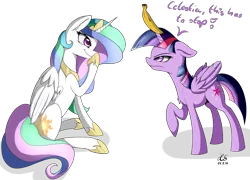 Size: 3769x2707 | Tagged: safe, artist:ho7y5hoxx, derpibooru import, princess celestia, twilight sparkle, twilight sparkle (alicorn), alicorn, pony, banana, bananalestia, chest fluff, food, frown, high res, hoof shoes, horn, horn impalement, peytral, prank, raised hoof, sillestia, silly, simple background, smirk, transparent background, trollestia