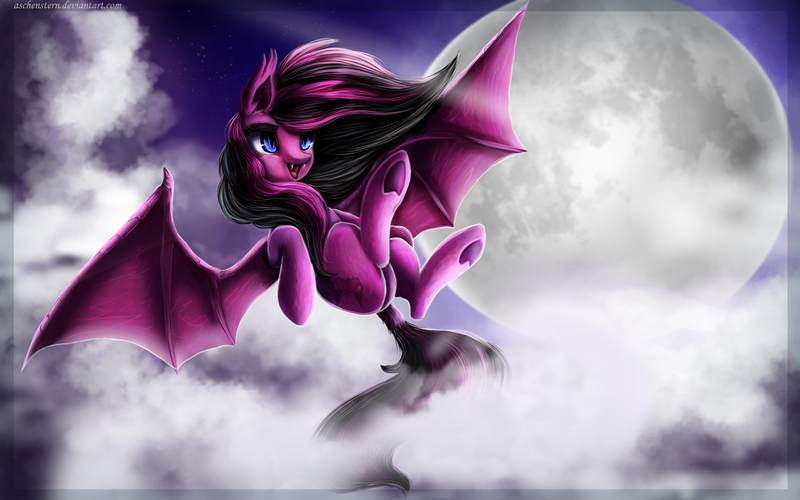 Size: 2560x1600 | Tagged: safe, artist:aschenstern, derpibooru import, oc, unofficial characters only, bat pony, pony, cloud, commission, flying, moon, solo, underhoof