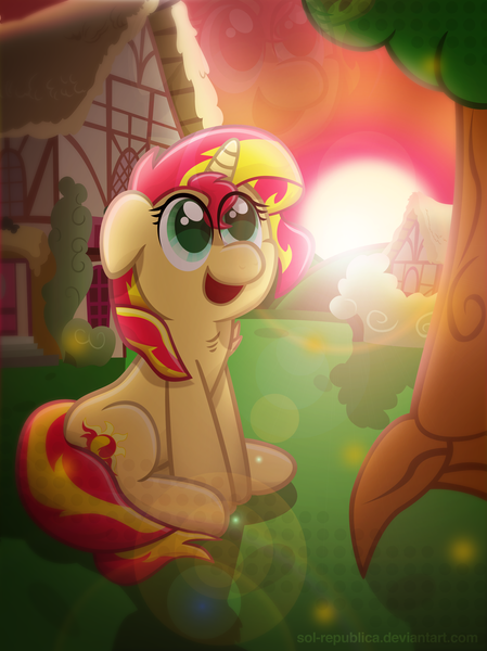 Size: 2245x3000 | Tagged: safe, artist:sol-r, artist:zacatron94, derpibooru import, sunset shimmer, pony, unicorn, equestria girls, floppy ears, sitting, solo, sunset, tree