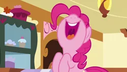 Size: 1280x720 | Tagged: safe, derpibooru import, screencap, pinkie pie, pony, 28 pranks later, laughing, nose in the air, open mouth, solo, volumetric mouth