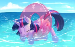 Size: 2560x1600 | Tagged: safe, artist:dstears, derpibooru import, twilight sparkle, twilight sparkle (alicorn), alicorn, pony, cute, eyes closed, floating, inner tube, ocean, relaxing, solo, twiabetes, water