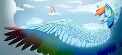 Size: 3776x1698 | Tagged: artist:twigpony, cloud, colored wings, derpibooru import, flying, large wings, looking back, multicolored wings, rainbow, rainbow dash, rainbow wings, safe, smiling, solo, spread wings