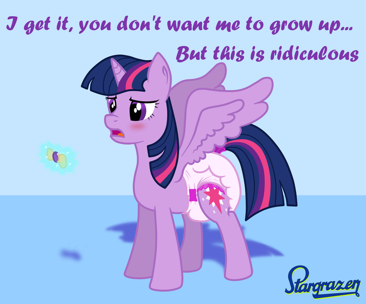 Size: 2839x2359 | Tagged: questionable, artist:stargrazer, derpibooru import, twilight sparkle, twilight sparkle (alicorn), alicorn, pony, diaper, diaper fetish, implied princess cadance, pacifier, poofy diaper, redraw