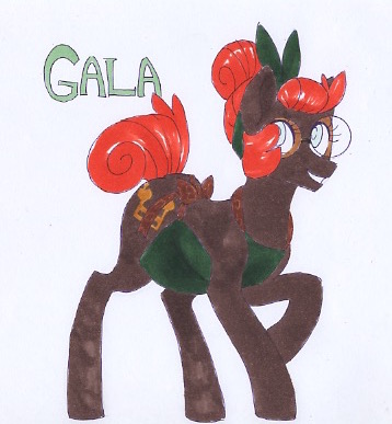 Size: 358x387 | Tagged: apron, artist:frozensoulpony, clothes, derpibooru import, glasses, oc, oc:gala apple, offspring, parent:applejack, parent:jet set, parents:applejet, safe, solo, traditional art, unofficial characters only