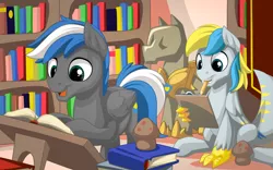 Size: 2560x1600 | Tagged: armor, artist:mysticalpha, book, bookshelf, derpibooru import, hippogriff, library, mannequin, mushroom, notepad, oc, oc:cirrus sky, oc:cloud zapper, original species, pencil, reading, safe, smiling, studying, talons, unofficial characters only