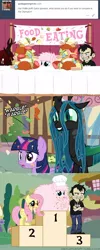 Size: 650x1625 | Tagged: safe, artist:mixermike622, derpibooru import, fluttershy, queen chrysalis, twilight sparkle, twilight sparkle (alicorn), oc, oc:fluffle puff, oc:marksaline, alicorn, human, pony, tumblr:ask fluffle puff, ask, chef's hat, comic, crossover, dan, dan vs, dialogue, eating contest, food, hat, meat, olympics, podium, ponies eating meat, thousand yard stare, tumblr