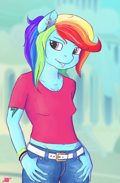 Size: 764x1167 | Tagged: safe, artist:shiropoint, derpibooru import, rainbow dash, anthro, clothes, ear piercing, earring, jewelry, midriff, pants, piercing, short shirt, solo, t-shirt