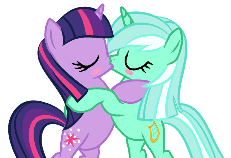 Size: 980x670 | Tagged: safe, artist:berrypunchrules, derpibooru import, lyra heartstrings, twilight sparkle, pony, unicorn, alternate hairstyle, female, kissing, lesbian, mare, shipping, simple background, transparent background, twyra, unicorn twilight