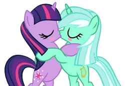 Size: 980x670 | Tagged: safe, artist:berrypunchrules, derpibooru import, lyra heartstrings, twilight sparkle, pony, unicorn, alternate hairstyle, female, kissing, lesbian, mare, shipping, simple background, transparent background, twyra, unicorn twilight