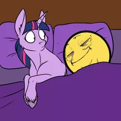 Size: 600x600 | Tagged: artist:foxenawolf, bed, cheek fluff, derpibooru import, ear fluff, edit, funny, meme, pekaface, safe, shocked, sleeping, twilight sparkle, unshorn fetlocks, wat