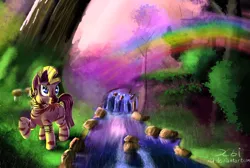 Size: 1000x673 | Tagged: artist:xbi, derpibooru import, forest, rainbow, raised hoof, river, safe, scenery, solo, zebra, zecora