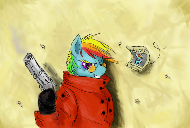 Size: 800x541 | Tagged: artist:zzzyyxas, derpibooru import, gun, rainbow dash, safe, trigun, vash the stampede, wanted poster, weapon