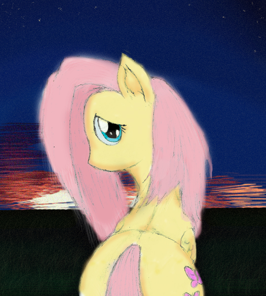 Size: 1078x1199 | Tagged: artist:zzzyyxas, derpibooru import, fluttershy, looking back, safe, solo, sunrise