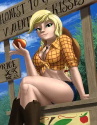 Size: 2625x3375 | Tagged: adorasexy, apple, applejack, applejack's hat, artist:mykegreywolf, art pack:my little sweetheart, beautiful, beautisexy, bedroom eyes, belt, big breasts, boots, braless, breasts, busty applejack, cleavage, clothes, cowboy boots, cowboy hat, cowgirl, crossed legs, cute, denim shorts, derpibooru import, female, freckled breasts, freckles, fruit, green eyes, hat, honesty, human, humanized, lips, midriff, my little sweetheart, sexy, shoes, shorts, solo, solo female, stall, stetson, stupid sexy applejack, suggestive, sultry pose, thighs