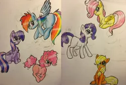 Size: 2708x1825 | Tagged: safe, artist:snowfoxythefox, derpibooru import, applejack, fluttershy, pinkie pie, rainbow dash, rarity, twilight sparkle, twilight sparkle (alicorn), alicorn, pony, chest fluff, colored, colored pencil drawing, colored sketch, cute, dashabetes, episode idea, fail, filly, filly applejack, filly fluttershy, filly pinkie pie, filly rainbow dash, filly rarity, filly twilight sparkle, flying, happy, jumping, looking up, lying down, mane six, pencil, pencil drawing, shyabetes, simple background, sitting, sketch, sketch dump, smiling, traditional art, twiabetes, young, younger