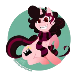 Size: 950x950 | Tagged: safe, artist:raygirl, derpibooru import, oc, oc:dolly montage, unofficial characters only, pony, unicorn, clothes, cutie mark, female, hooves, horn, lineless, mare, scarf, sitting, solo, teeth