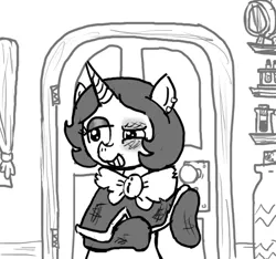 Size: 640x600 | Tagged: semi-grimdark, artist:ficficponyfic, derpibooru import, oc, oc:joyride, unofficial characters only, pony, unicorn, colt quest, black eye, bowtie, curtain, door, doorknob, ear piercing, female, grin, injured, mantle, mare, monochrome, piercing, shelf, smiling, solo focus, story included