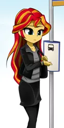 Size: 797x1600 | Tagged: safe, artist:nekojackun, artist:twilite-sparkleplz, derpibooru import, sunset shimmer, equestria girls, black skirt, bus stop, clothes, collaboration, leather jacket, purse, skirt, solo, waiting, watch