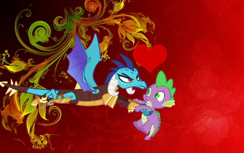 Size: 1731x1085 | Tagged: safe, derpibooru import, princess ember, spike, dragon, gauntlet of fire, armor, colored, dragon armor, emberspike, female, heart, male, shipping, straight