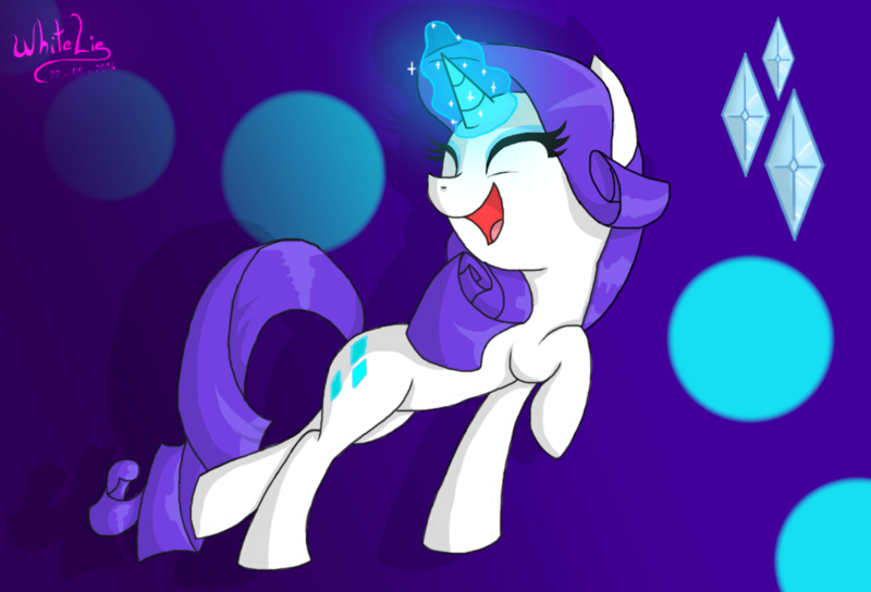 Size: 1024x696 | Tagged: safe, artist:whitelie, derpibooru import, rarity, pony, unicorn, abstract background, cute, cutie mark, cutie mark background, eyes closed, female, glowing horn, happy, magic, mare, open mouth, purple background, raised hoof, raised leg, raribetes, signature, simple background, smiling, solo