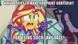 Size: 800x450 | Tagged: safe, derpibooru import, edit, edited screencap, screencap, sci-twi, sunset shimmer, twilight sparkle, equestria girls, friendship games, caption, image macro, meme, sailor mouth, spongebob squarepants, sunset yells at twilight