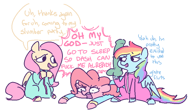 Size: 752x446 | Tagged: annoyed, artist:nobody, clothes, derpibooru import, dialogue, dildo, fluttershy, implied pinkiedash, pajamas, pinkie pie, questionable, rainbow dash, rude, sex toy, slumber party, vulgar