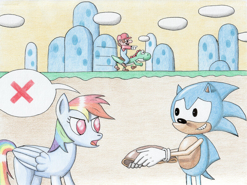 Size: 1067x800 | Tagged: safe, artist:schwarzer--ritter, derpibooru import, rainbow dash, pony, yoshi, crossover, mario, nintendo, riding, saddle, sega, sonic the hedgehog, sonic the hedgehog (series), super mario bros., super mario world, traditional art, video game