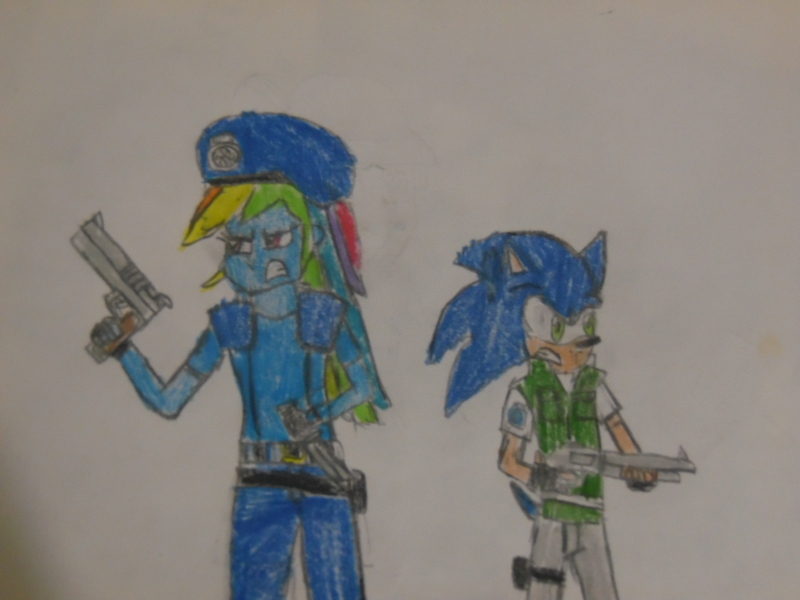 Size: 1024x768 | Tagged: safe, artist:brandonale, derpibooru import, rainbow dash, equestria girls, chris redfield, clothes, cosplay, costume, crossover, jill valentine, resident evil, sonic the hedgehog, sonic the hedgehog (series), traditional art