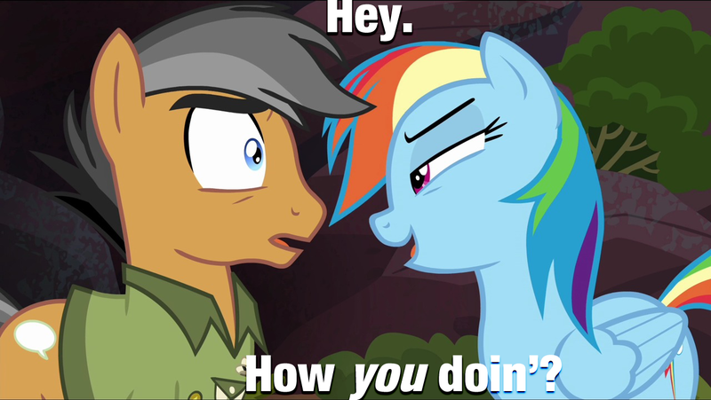 Size: 1280x722 | Tagged: safe, derpibooru import, edit, edited screencap, screencap, quibble pants, rainbow dash, stranger than fan fiction, female, f.r.i.e.n.d.s, image macro, joey tribbiani, male, meme, quibbledash, rainbow dash seduces quibble pants, shipping, straight