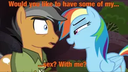 Size: 1280x722 | Tagged: derpibooru import, edit, edited screencap, female, image macro, male, meme, quibbledash, quibble pants, rainbow dash, rainbow dash seduces quibble pants, screencap, shipping, space ghost coast to coast, straight, stranger than fan fiction, subtle as a train wreck, suggestive