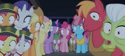 Size: 2402x1080 | Tagged: safe, derpibooru import, screencap, apple bloom, applejack, big macintosh, cherry berry, cup cake, fluttershy, granny smith, matilda, pinkie pie, rarity, scootaloo, spike, sweetie belle, twilight sparkle, twilight sparkle (alicorn), alicorn, dragon, earth pony, pegasus, pony, unicorn, 28 pranks later, season 6, animation error, cutie mark crusaders, dumbfounded, filly guides, image, looking at you, open mouth, panorama, png, shrunken pupils, wide eyes