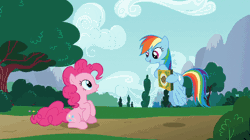 Size: 1308x732 | Tagged: safe, derpibooru import, screencap, pinkie pie, rainbow dash, pony, 28 pranks later, animated, behaving like a dog, cookie, cute, dashabetes, diapinkes, eating, eyes closed, eyes on the prize, flying, food, hoof hold, jumping, looking up, open mouth, puffy cheeks, puppy pie, smiling, spread wings, talking, throwing