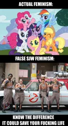 Size: 650x1200 | Tagged: applejack, derpibooru import, drama bait, feminism, fluttershy, ghostbusters 2016, ghostbusters 2016 drama, image macro, jontron thread, know the difference, mane six, mane six opening poses, meme, pinkie pie, politics, rainbow dash, rarity, safe, social justice warrior, twilight sparkle, vulgar