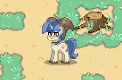 Size: 570x374 | Tagged: safe, derpibooru import, oc, oc:magic locket, unofficial characters only, pony, unicorn, pony town, bowtie, glasses, hat, male, stallion, tree stump