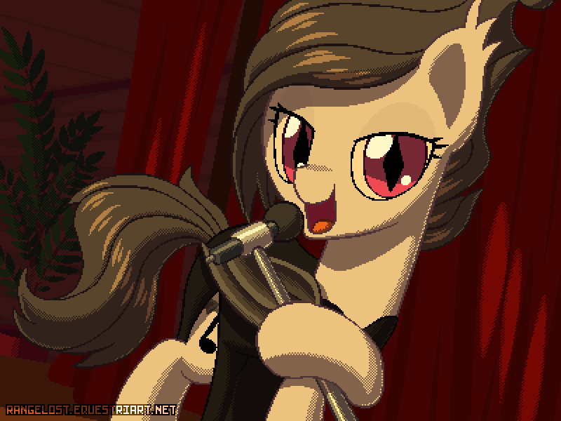 Size: 800x600 | Tagged: safe, artist:rangelost, derpibooru import, oc, oc:dead beat, unofficial characters only, bat pony, pony, bat pony oc, bat wings, bedroom eyes, clothes, curtain, dress, image, looking at you, microphone, pixel art, plant, png, singing, solo, stage, wings