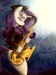 Size: 1536x2048 | Tagged: anthro, artist:mannybcadavera, beatnik rarity, beret, clothes, derpibooru import, eyes closed, female, hat, musical instrument, rarity, safe, saxophone, solo, traditional art