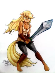 Size: 1536x2048 | Tagged: safe, artist:mannybcadavera, derpibooru import, applejack, anthro, clothes, floppy ears, gritted teeth, looking at you, loose hair, muscles, pants, solo, sword, tanktop, weapon