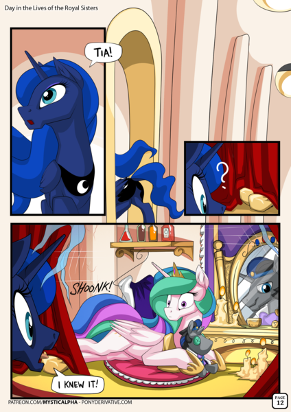 Size: 1447x2047 | Tagged: safe, artist:mysticalpha, derpibooru import, king sombra, princess celestia, princess luna, alicorn, pony, comic:day in the lives of the royal sisters, bottle, candle, caught, celestibra, comic, crown, crush plush, dialogue, erlenmeyer flask, female, good king sombra, horseshoes, jewelry, love potion, magic, male, mare, moonbutt, peytral, pillow, plot, plushie, prone, regalia, shelf, shipping, shrine, speech bubble, stalker shrine, straight, telekinesis, wide eyes