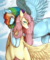 Size: 1417x1700 | Tagged: safe, artist:nitaya0-0, derpibooru import, fluttershy, rainbow dash, pony, female, flutterdash, flying, hug, lesbian, mare, shipping