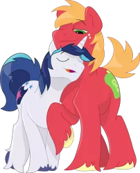 Size: 2284x2825 | Tagged: safe, artist:braeburned edits, artist:scarletlightning565, color edit, derpibooru import, edit, big macintosh, shining armor, earth pony, pony, unicorn, colored, cuddling, eyes closed, freckles, gay, male, neck nuzzle, nuzzling, shiningmac, shipping, simple background, snuggling, stallion, transparent background, vector