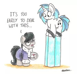 Size: 1650x1588 | Tagged: safe, artist:bobthedalek, derpibooru import, octavia melody, vinyl scratch, earth pony, pony, unicorn, bathrobe, bed mane, clothes, cute, dialogue, female, hoof hold, mare, morning ponies, mug, newbie artist training grounds, octavia is not amused, open mouth, platform shoes, robe, signature, stilts, tired, traditional art, unamused, wub