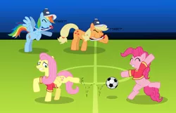 Size: 1114x717 | Tagged: applejack, artist:gameboysage, blowing, buckball season, coach, derpibooru import, fluttershy, football, pinkie pie, puffy cheeks, rainblow dash, rainbow dash, rainbow dashs coaching whistle, safe, that was fast, training, whistle, whistle necklace