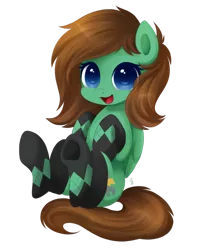 Size: 600x750 | Tagged: safe, artist:exceru-karina, derpibooru import, oc, oc:viridian, unofficial characters only, pegasus, pony, clothes, colored pupils, commission, cute, grin, happy, sitting, smiling, socks, solo, thigh highs